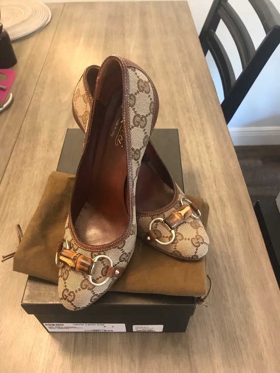 Gucci Shoes - Gucci Beige/Brown GG Canvas Horsebit Heel Pumps